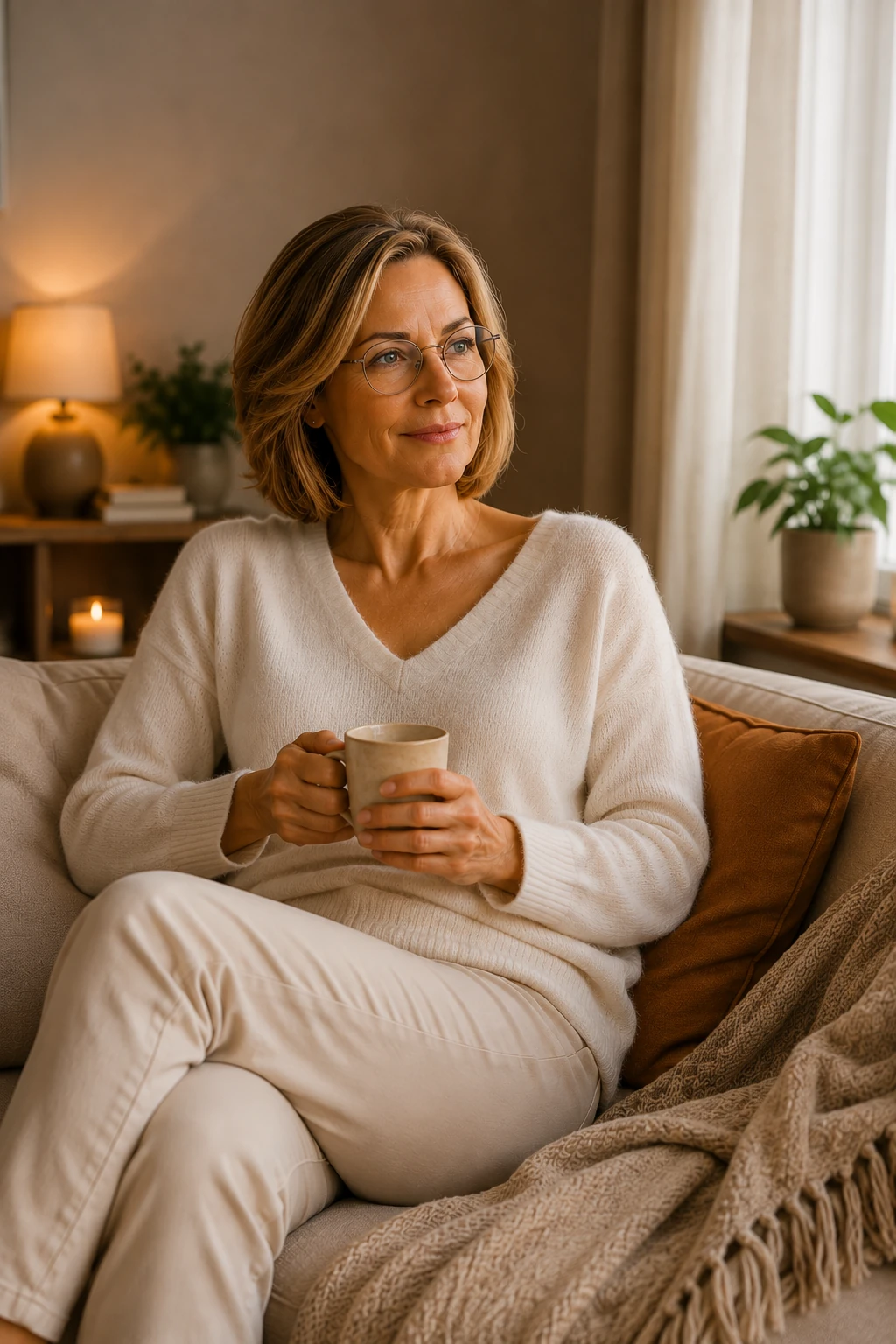 Kvinde med briller sidder afslappet i en lys sofa med en varm kop te