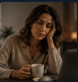 Kvinde med kaffekop og begyndende træthed om eftermiddagen