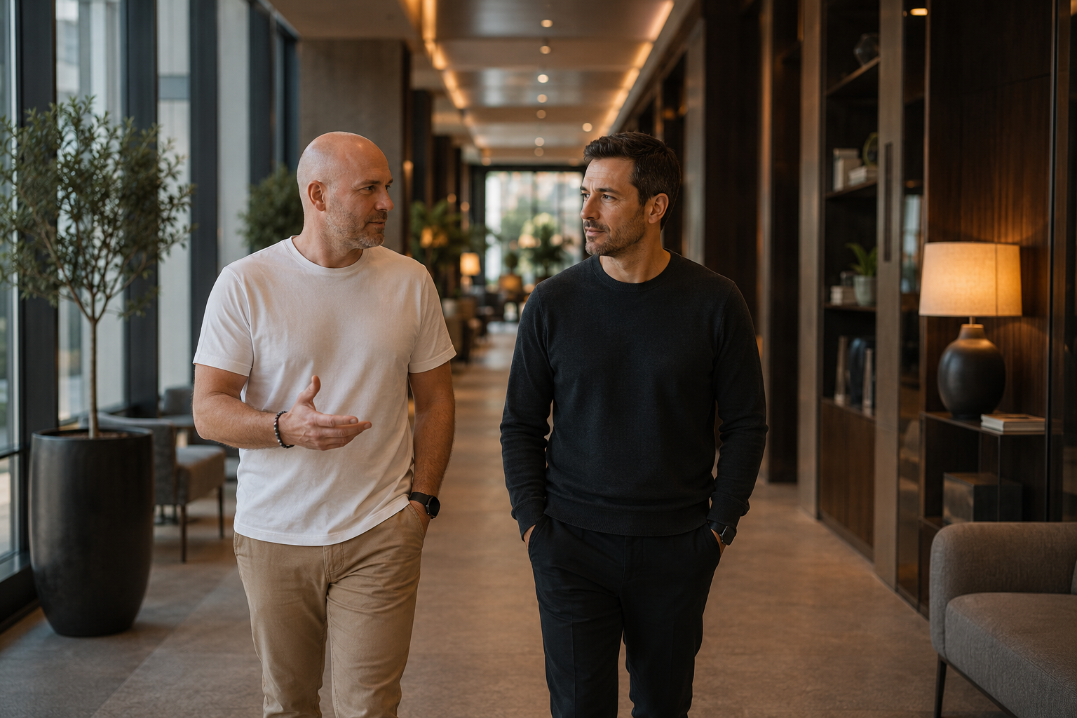 Michael går og samtaler med en klient