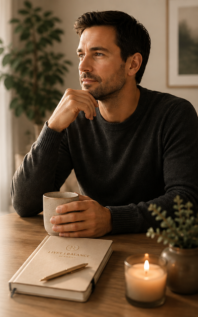 Michael sidder eftertænksomt ved et bord med kaffe og søvnjournal