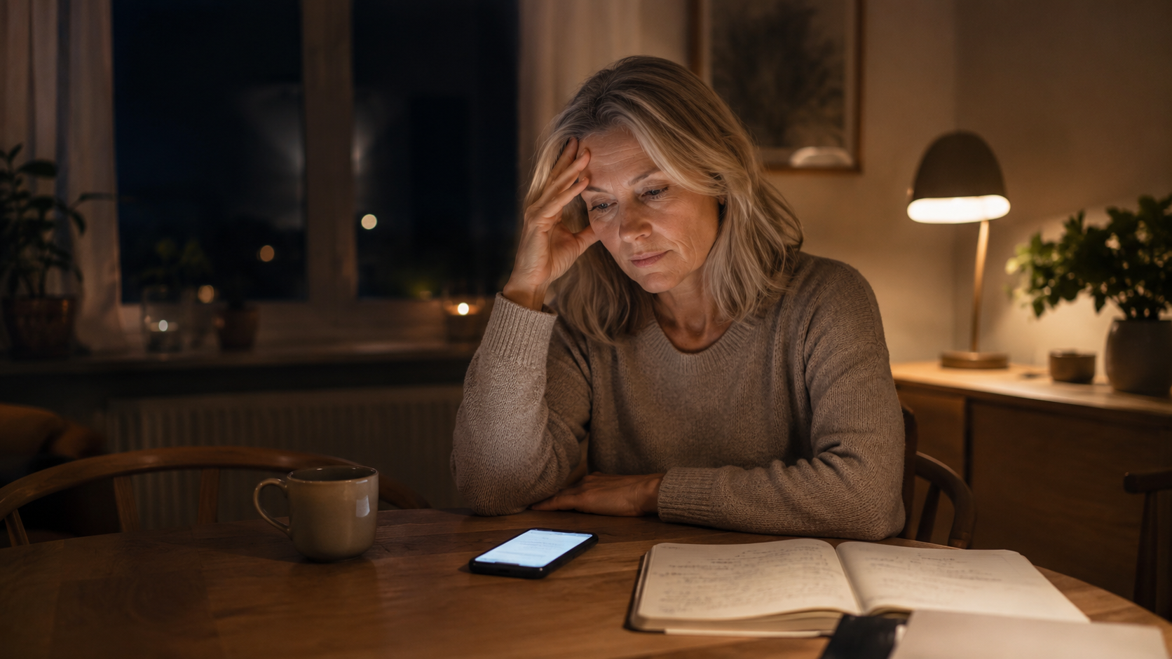 Kvinde ved bordet med telefon og notesbog og hånden mod panden