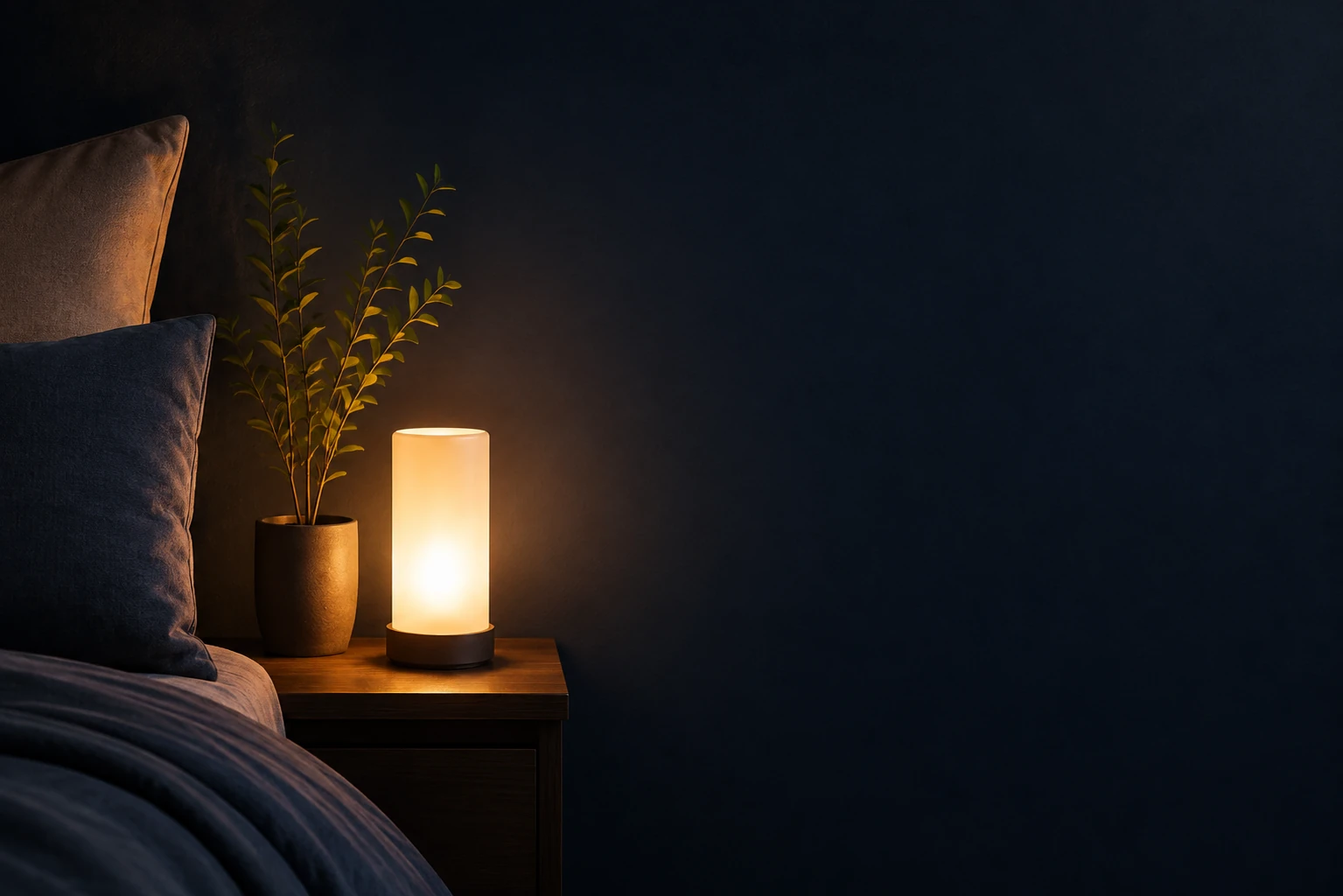 Natbord med tændt lampe ved en seng