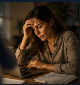 Kvinde presset foran computeren sidst på dagen