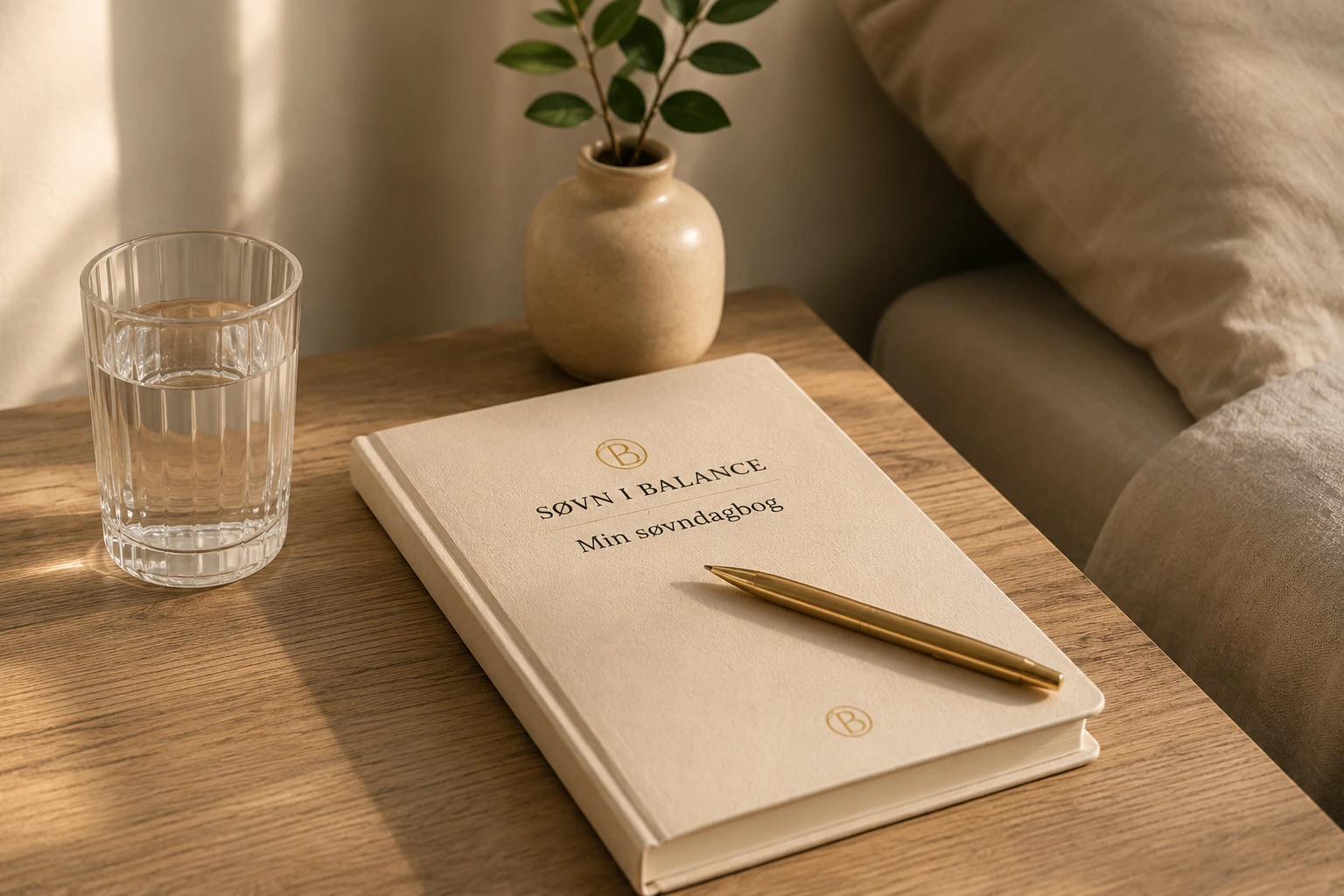 Søvn i Balance-journalen med guldpen på et natbord med et glas vand og en plante i morgenlys