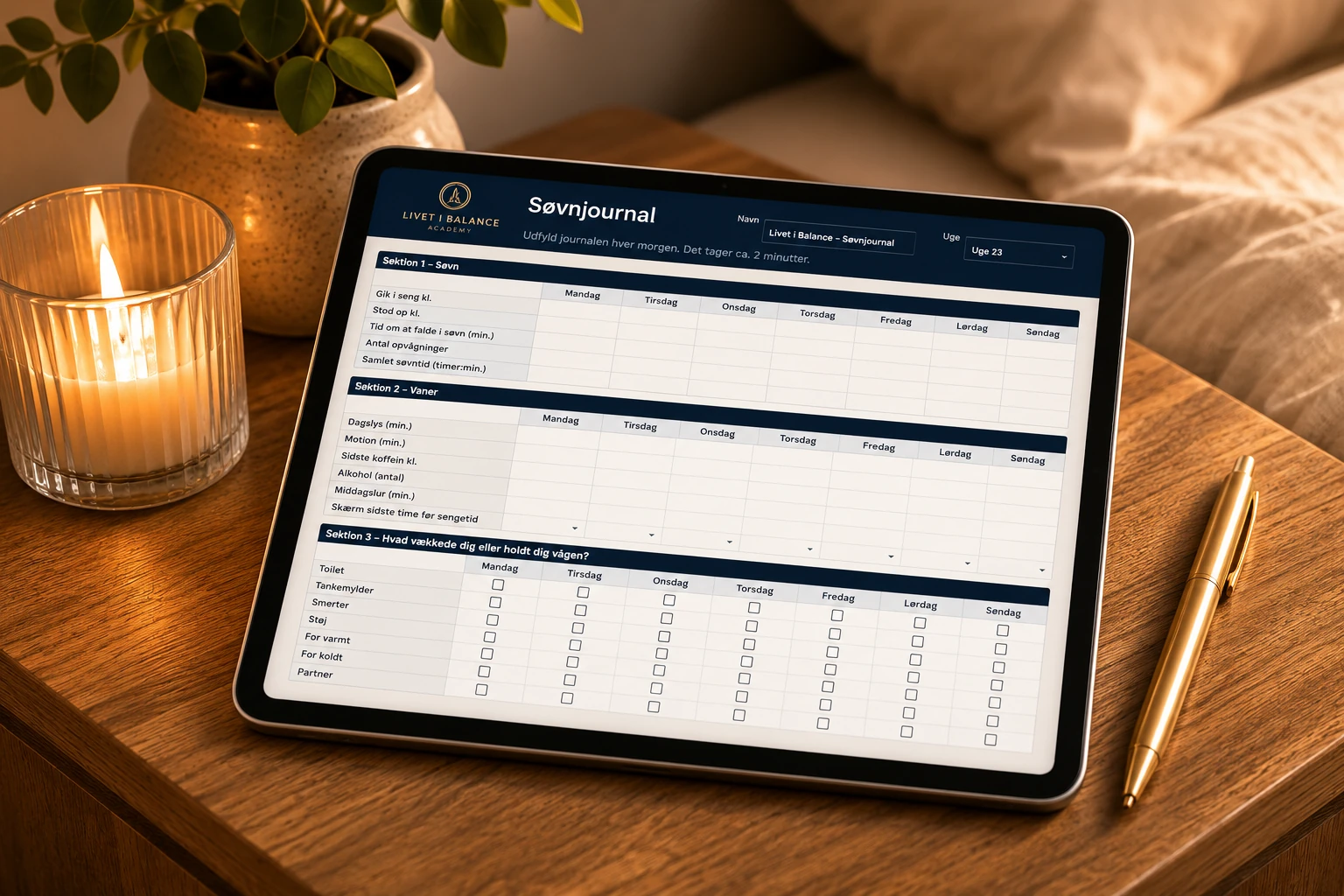 Søvnjournalen vist på en tablet på et natbord med stearinlys, plante og guldpen