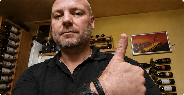 Michael i vinkælderen med tommelfingeren op
